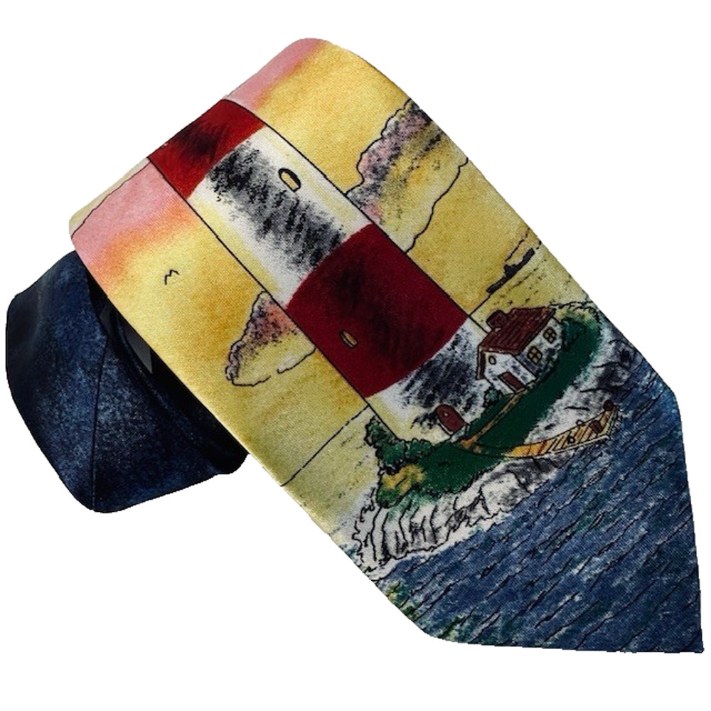 Funtyme Men's Necktie Tie Polyester Multicolor Lighthouse 60" x 3 3/8" EUC
